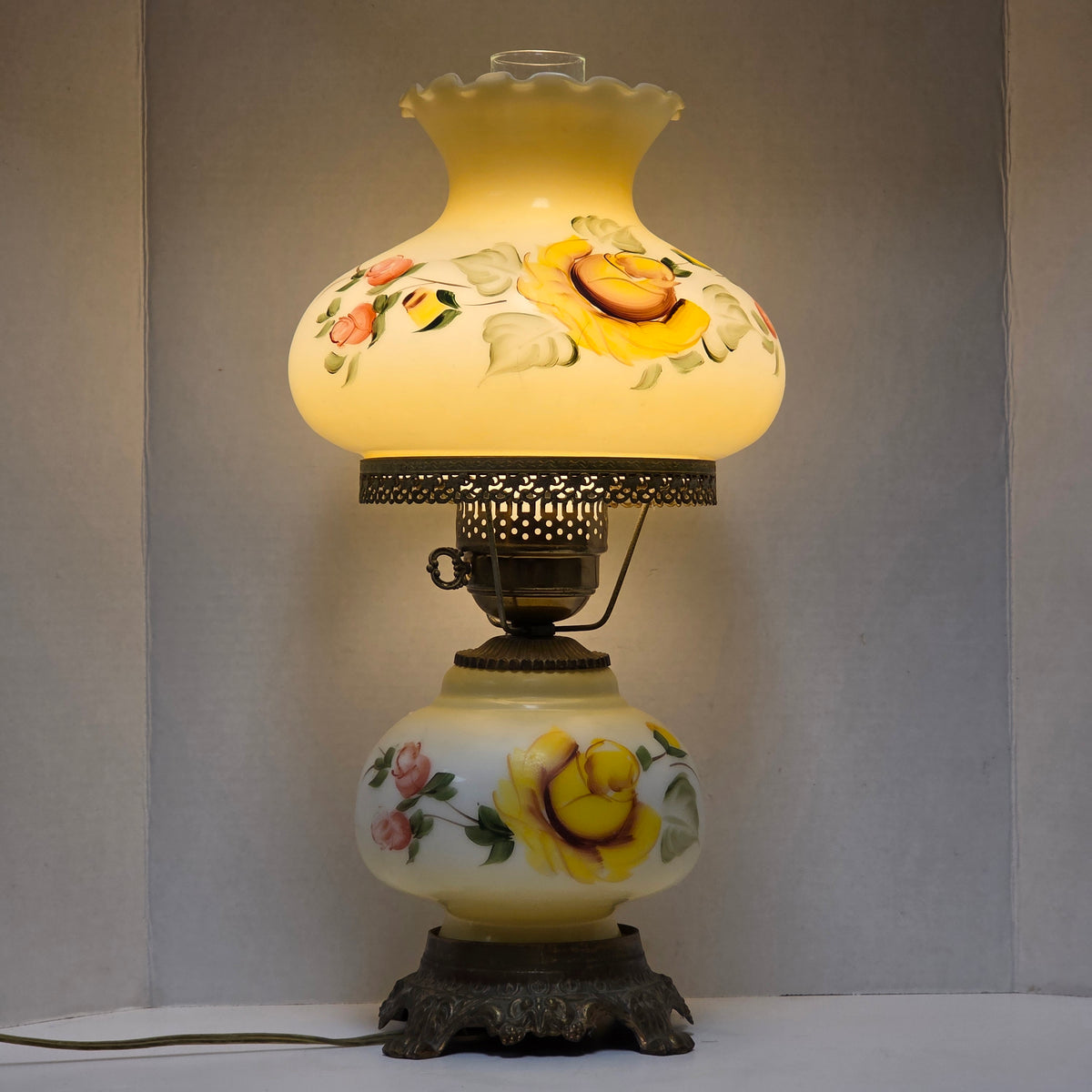 Pastel yellow floral Gone With the Wind hurricane lamp with hand-painted roses
