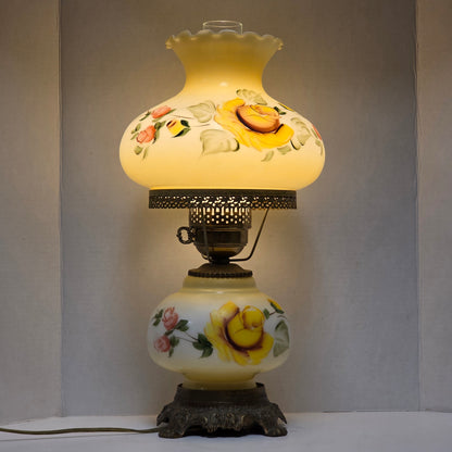 Pastel yellow floral Gone With the Wind hurricane lamp with hand-painted roses

