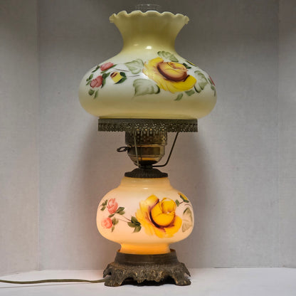 Pastel yellow floral Gone With the Wind hurricane lamp with hand-painted roses
