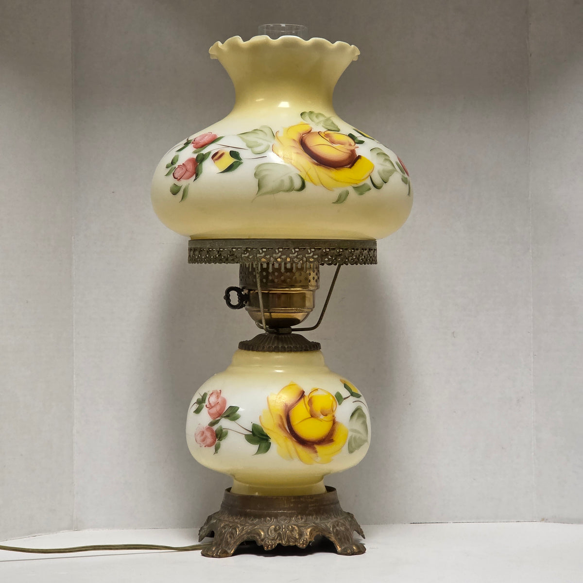 Pastel yellow floral Gone With the Wind hurricane lamp with hand-painted roses
