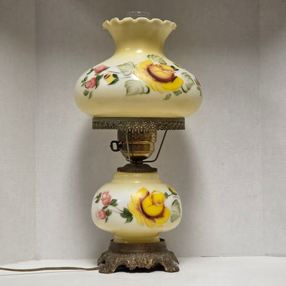 Pastel yellow floral Gone With the Wind hurricane lamp with hand-painted roses
