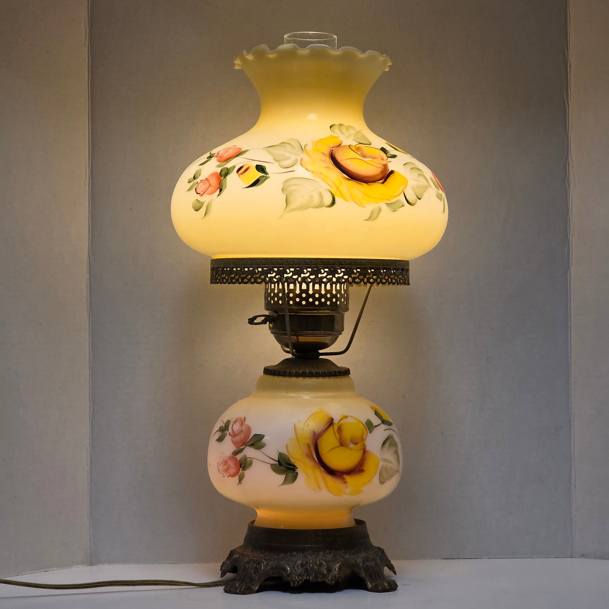 Pastel yellow floral Gone With the Wind hurricane lamp with hand-painted roses
