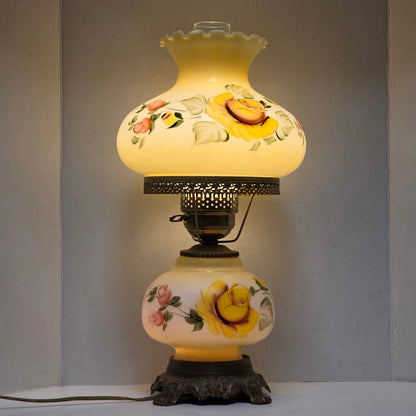 Pastel yellow floral Gone With the Wind hurricane lamp with hand-painted roses
