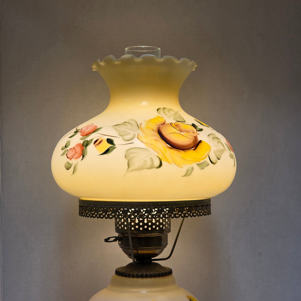 Pastel yellow floral Gone With the Wind hurricane lamp with hand-painted roses
