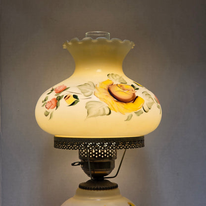 Pastel yellow floral Gone With the Wind hurricane lamp with hand-painted roses
