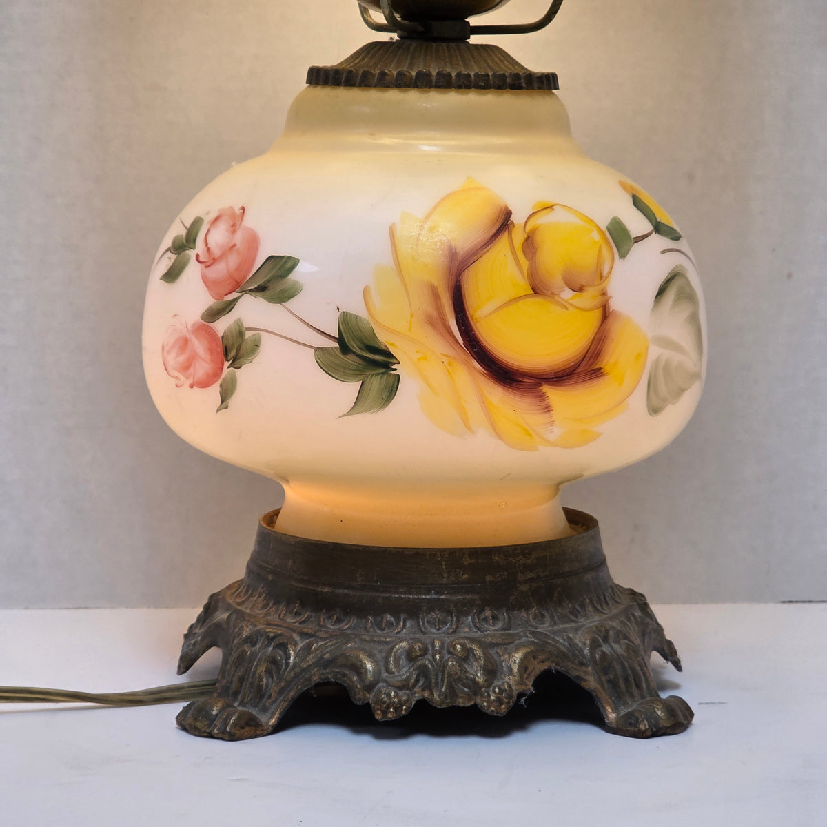 Pastel yellow floral Gone With the Wind hurricane lamp with hand-painted roses
