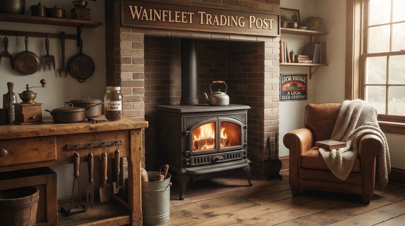 Wainfleet Trading Post homestead kitchen with vintage wood stove and armchair, reflecting off-grid living, self-sufficiency, homesteading, and traditional country living
