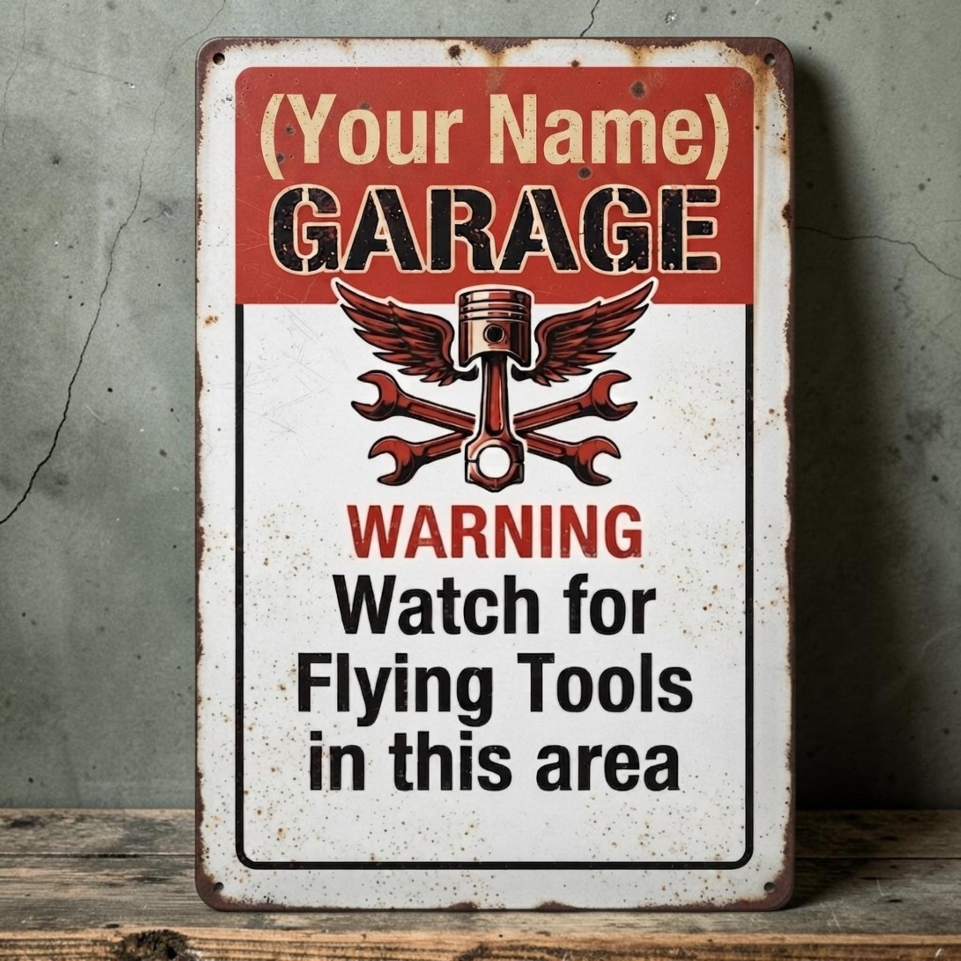 Rustic personalized Dad's Garage and Granddad's Garage metal sign with flying tools warning.
