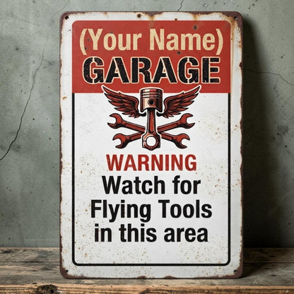 Rustic personalized Dad's Garage and Granddad's Garage metal sign with flying tools warning.
