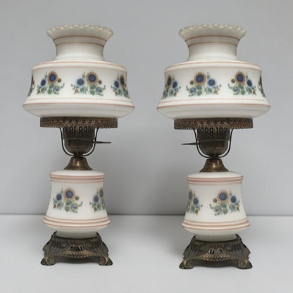 Vintage Abigail Adams style hurricane lamp with blue and yellow sunflower floral decoration and tri-light function.
