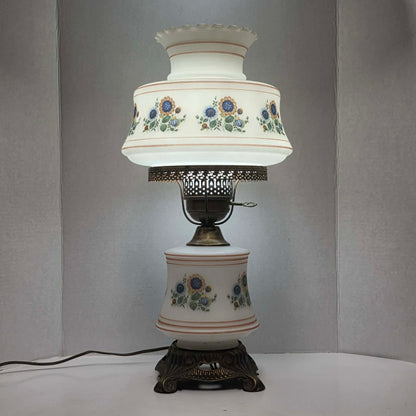 Vintage Abigail Adams style hurricane lamp with blue and yellow sunflower floral decoration and tri-light function.