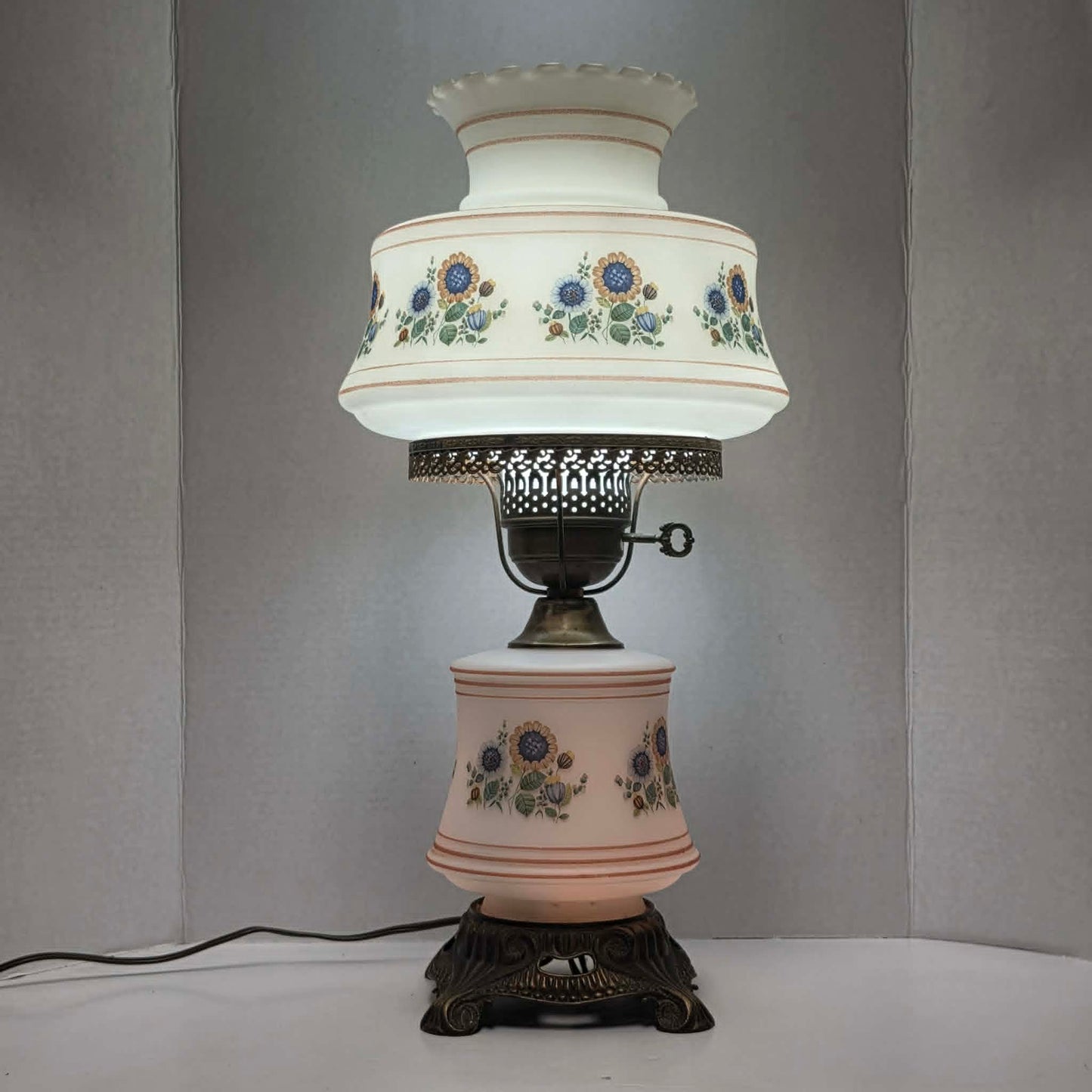 Vintage Abigail Adams style hurricane lamp with blue and yellow sunflower floral decoration and tri-light function.
