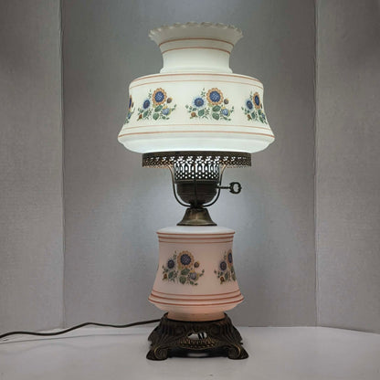 Vintage Abigail Adams style hurricane lamp with blue and yellow sunflower floral decoration and tri-light function.