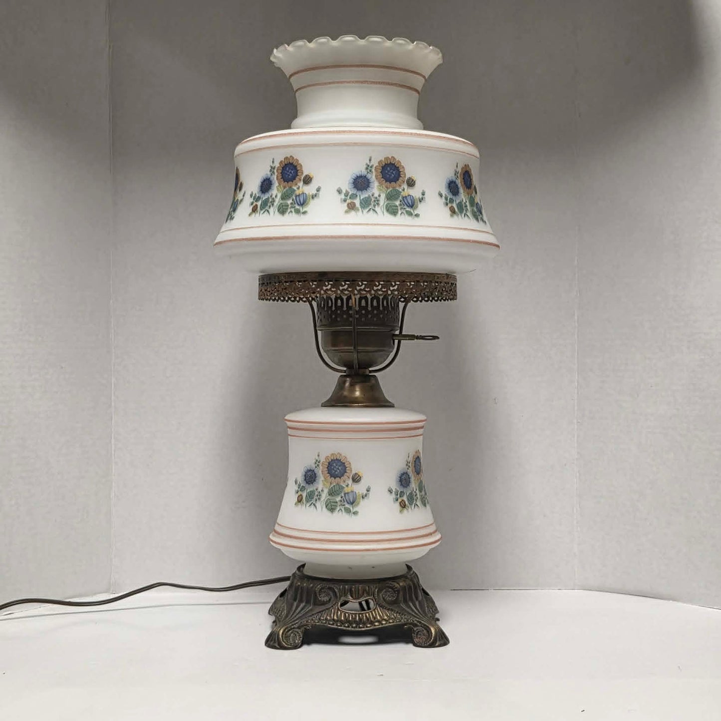 Vintage Abigail Adams style hurricane lamp with blue and yellow sunflower floral decoration and tri-light function.
