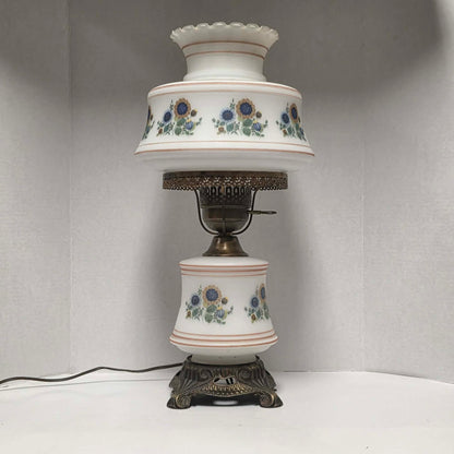 Vintage Abigail Adams style hurricane lamp with blue and yellow sunflower floral decoration and tri-light function.