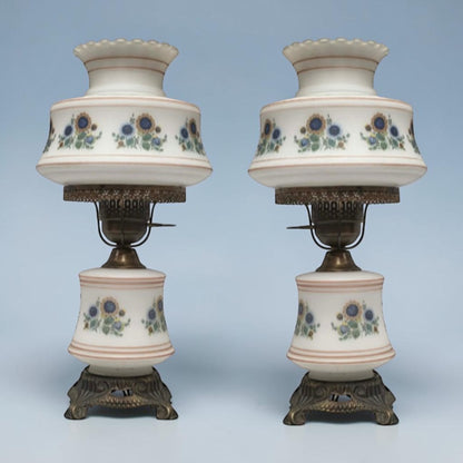 Vintage Abigail Adams style hurricane lamp with blue and yellow sunflower floral decoration and tri-light function.