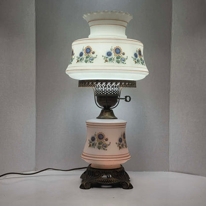Vintage Abigail Adams style hurricane lamp with blue and yellow sunflower floral decoration and tri-light function.