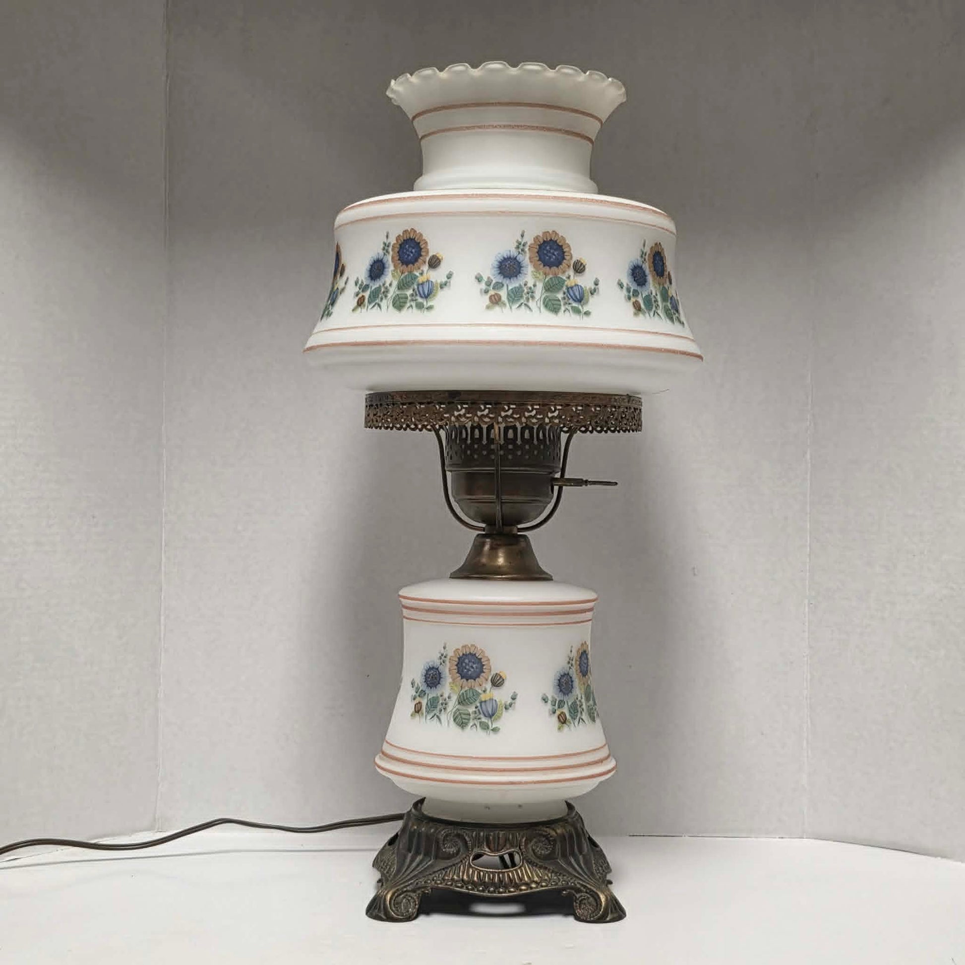 Vintage Abigail Adams style hurricane lamp with blue and yellow sunflower floral decoration and tri-light function.