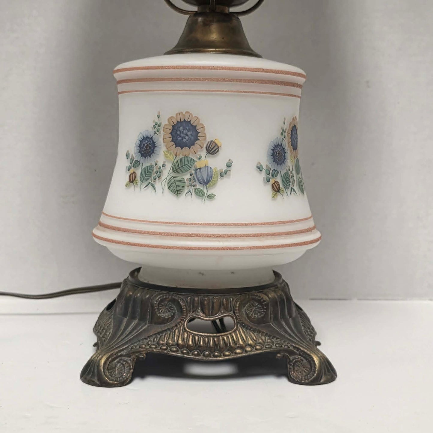 Vintage Abigail Adams style hurricane lamp with blue and yellow sunflower floral decoration and tri-light function.