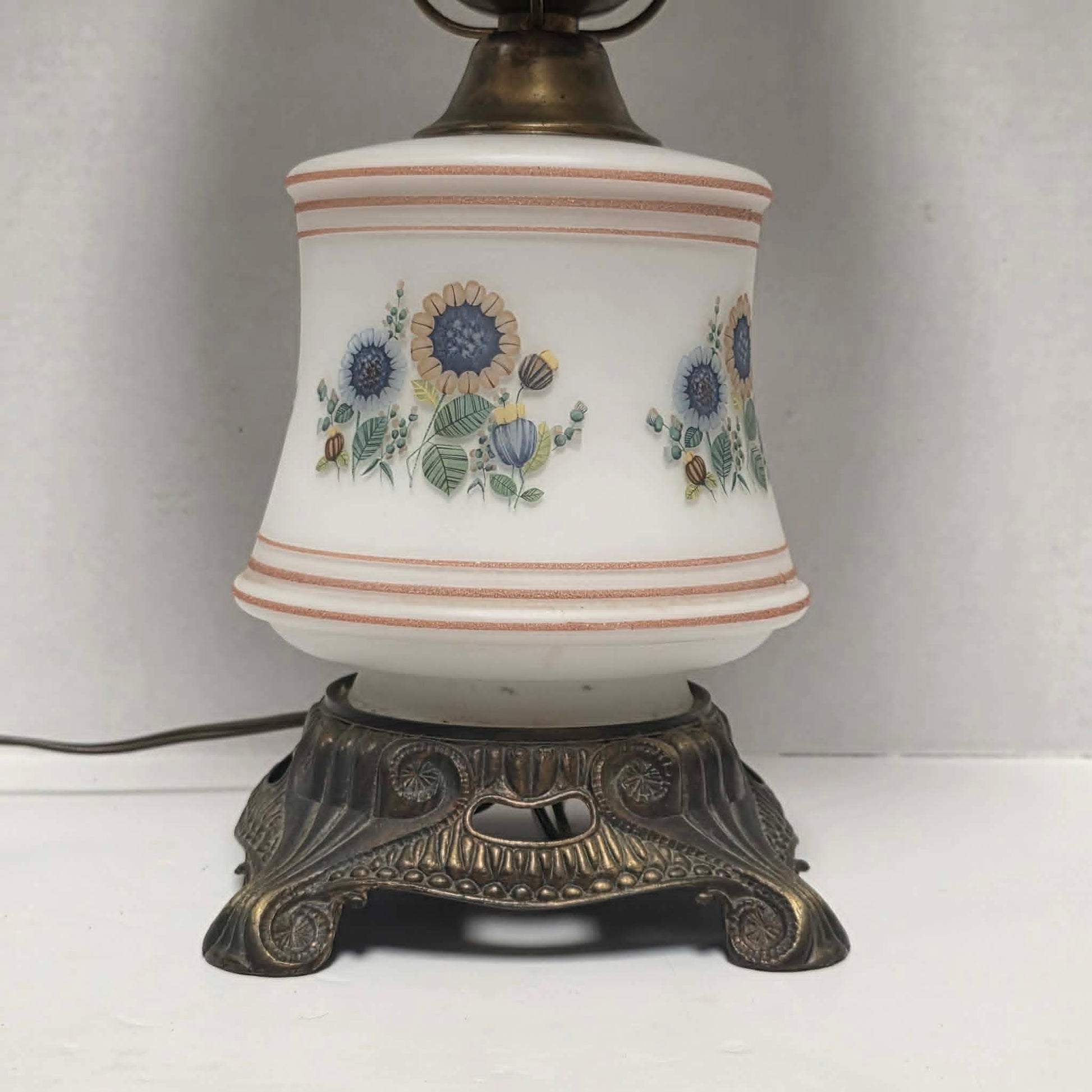 Vintage Abigail Adams style hurricane lamp with blue and yellow sunflower floral decoration and tri-light function.