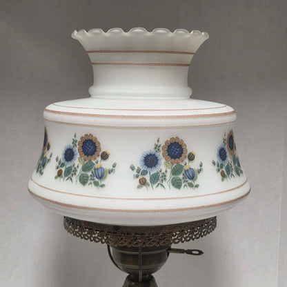 Vintage Abigail Adams style hurricane lamp with blue and yellow sunflower floral decoration and tri-light function.