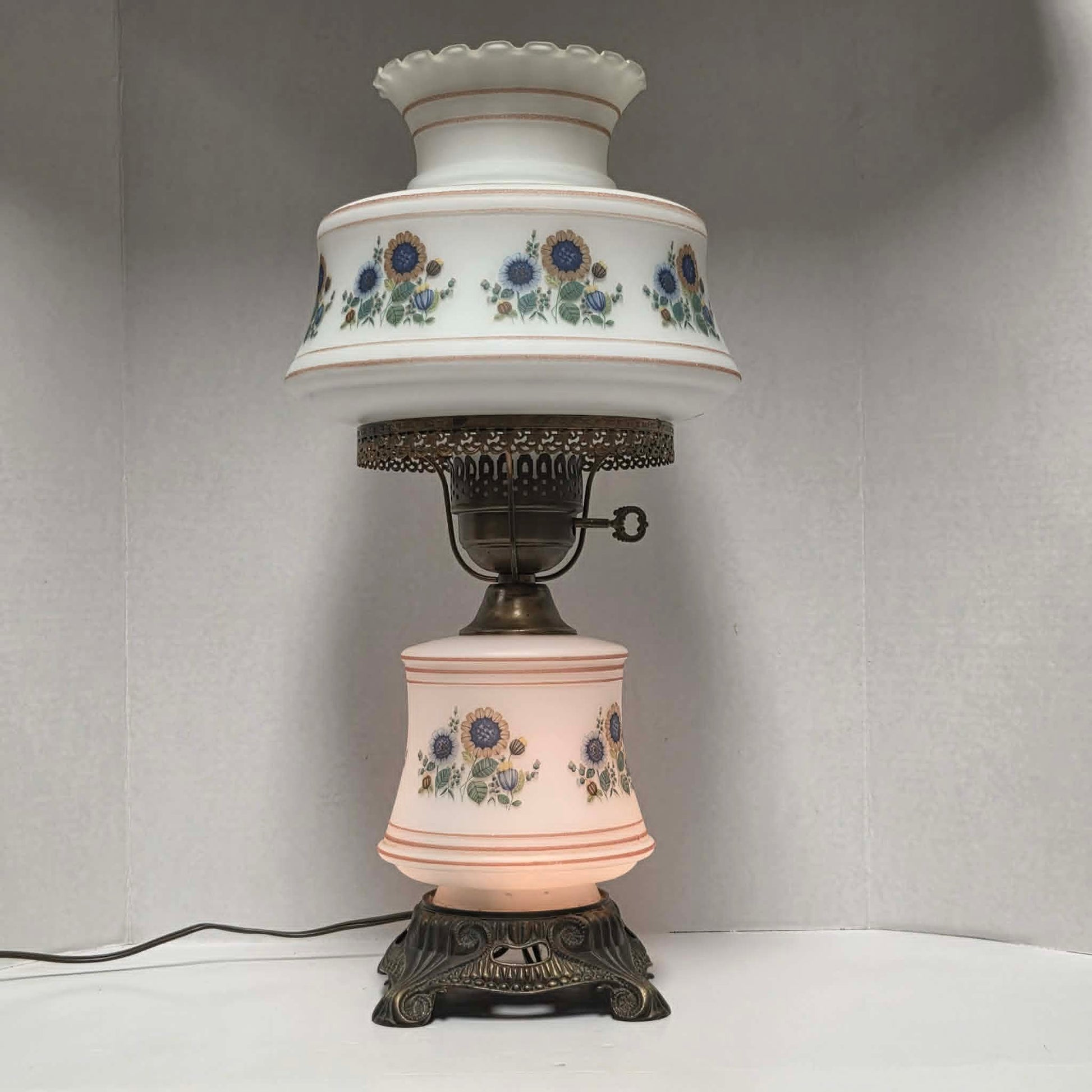Vintage Abigail Adams style hurricane lamp with blue and yellow sunflower floral decoration and tri-light function.