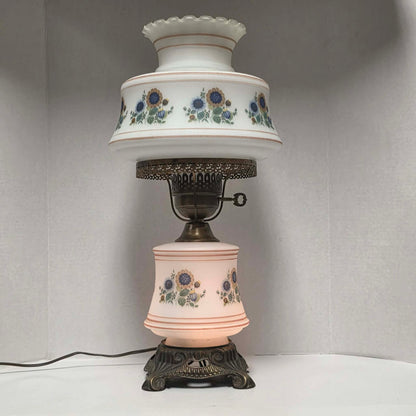 Vintage Abigail Adams style hurricane lamp with blue and yellow sunflower floral decoration and tri-light function.