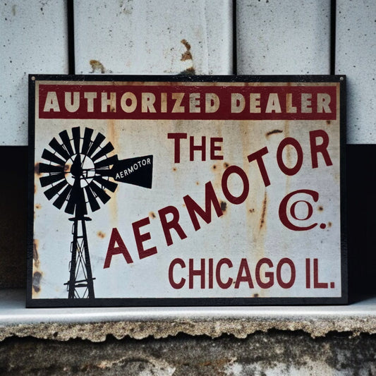 Vintage-style sign for Aermotor Co. with a windmill graphic on a rustic background.