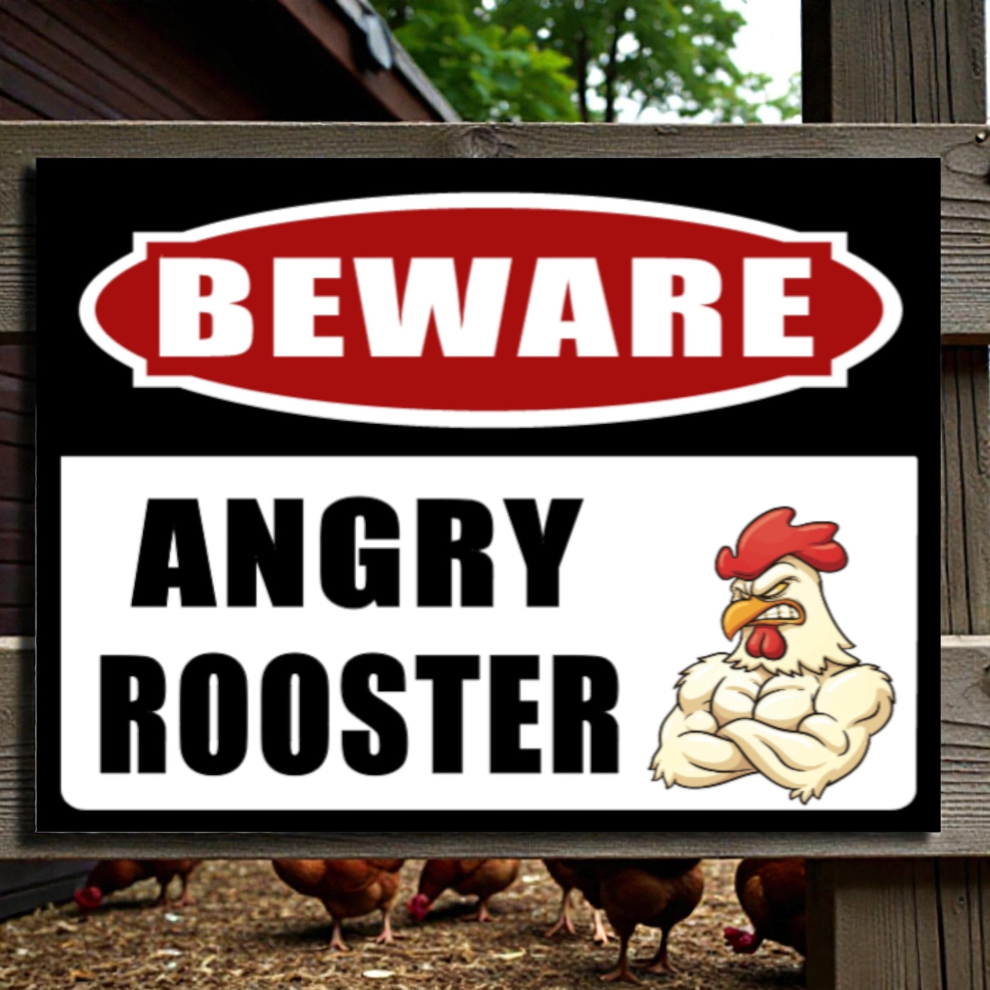 Warning sign with cartoon rooster and text 'Beware Angry Rooster' on a wooden background.