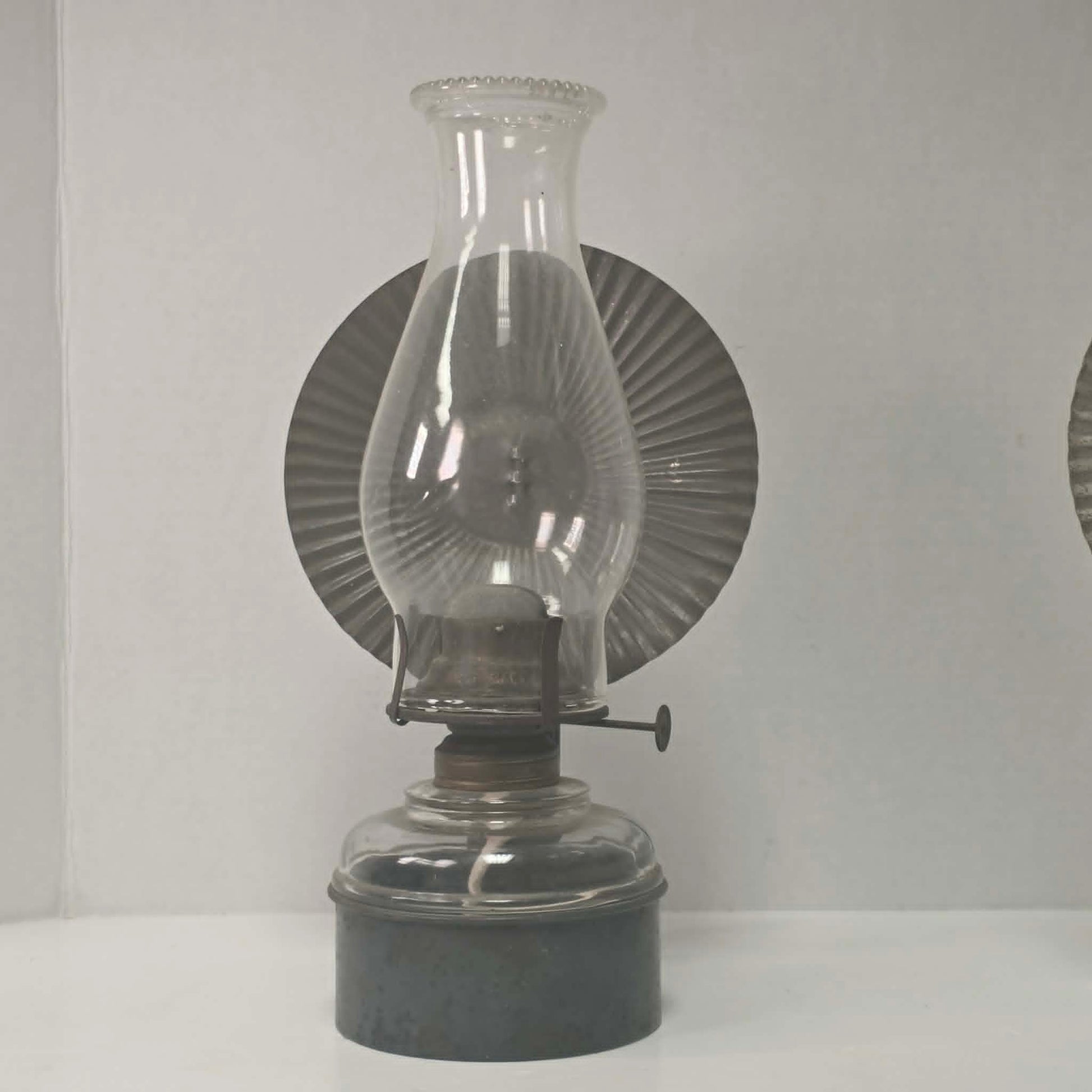 Beautiful matched pair of Queen Mary kerosene lamps with original Pycrest chimneys and pleated reflectors.