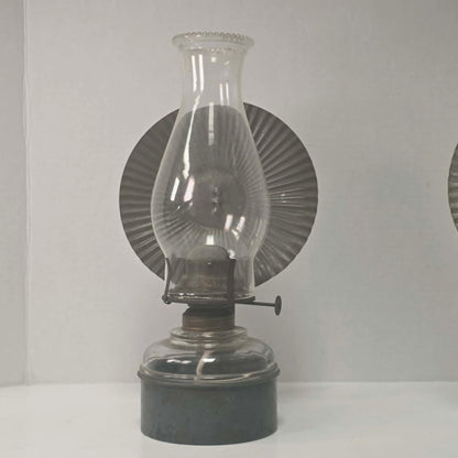 Beautiful matched pair of Queen Mary kerosene lamps with original Pycrest chimneys and pleated reflectors.