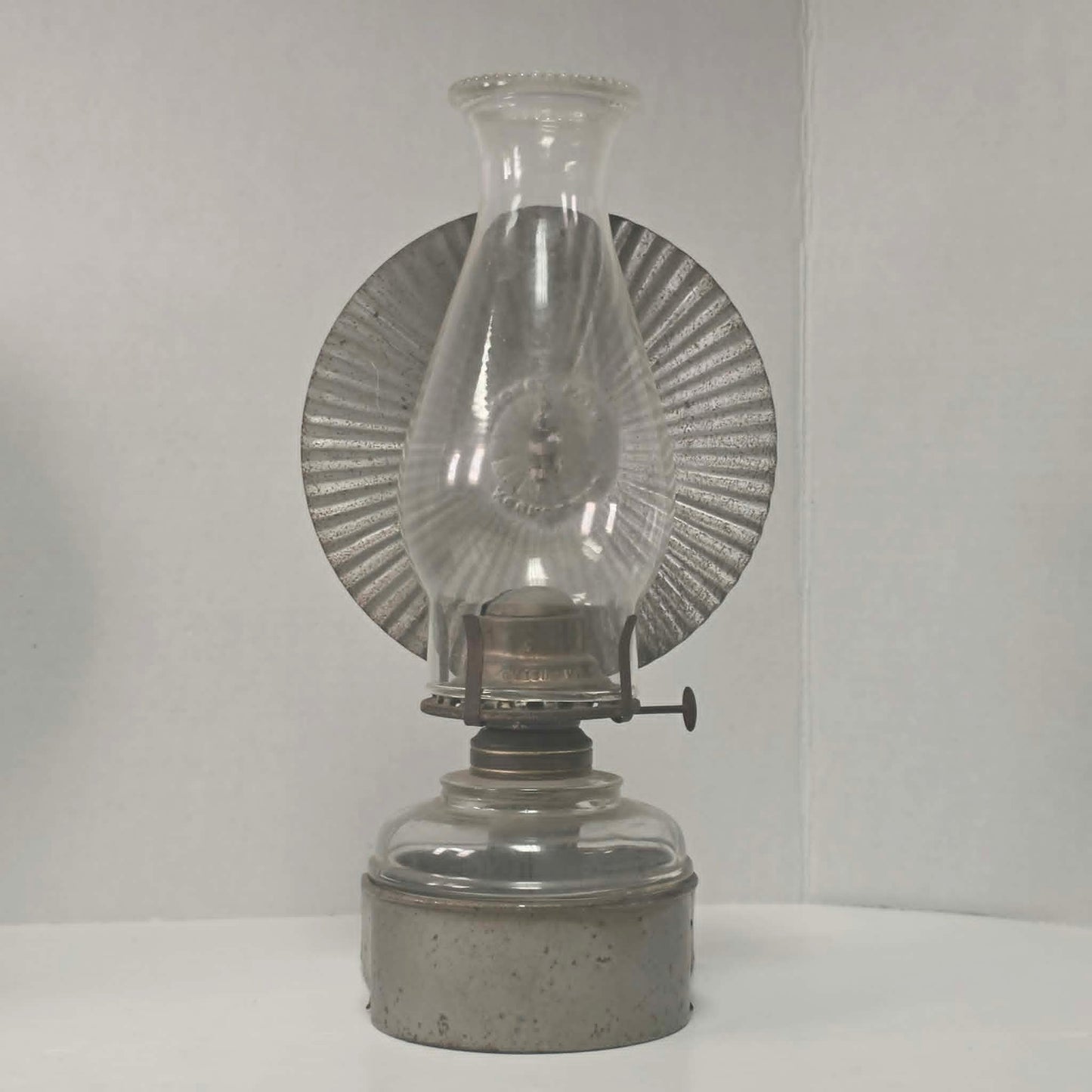 Beautiful matched pair of Queen Mary kerosene lamps with original Pycrest chimneys and pleated reflectors.