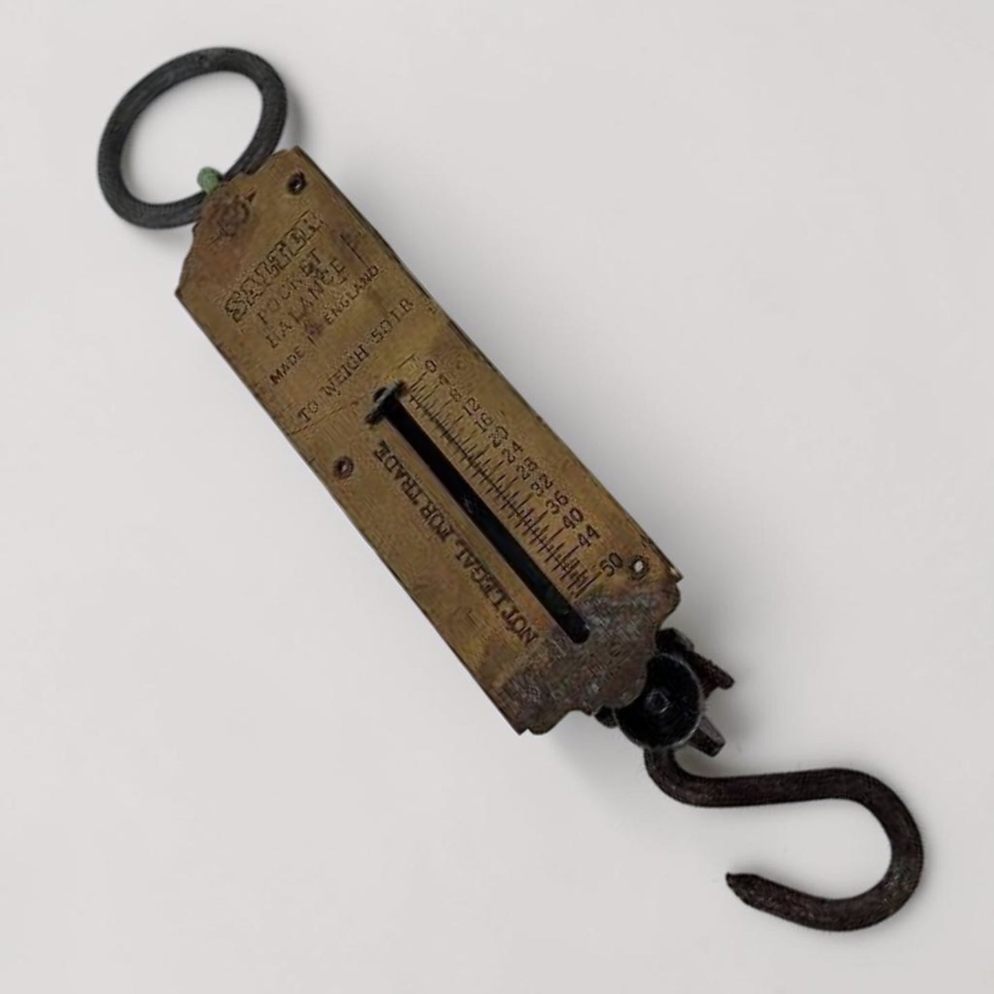 Antique Salter brass pocket balance fishing scale, vintage spring scale used for fishing and hunting weight measurement.