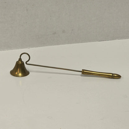 Antique solid brass candle snuffer with threaded handle and original patina.
