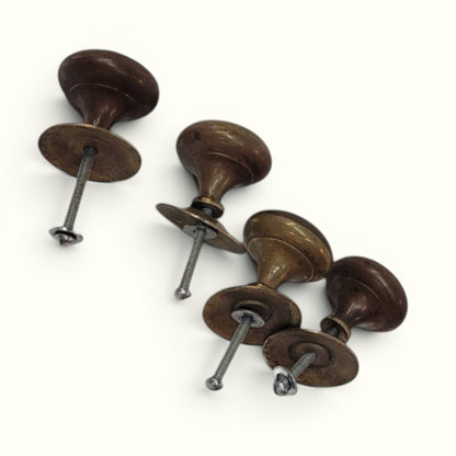 Antique Solid Brass Cabinet Pulls Knobs Set of 4 | Heavy 1” Hardware with Original Backplates Patina