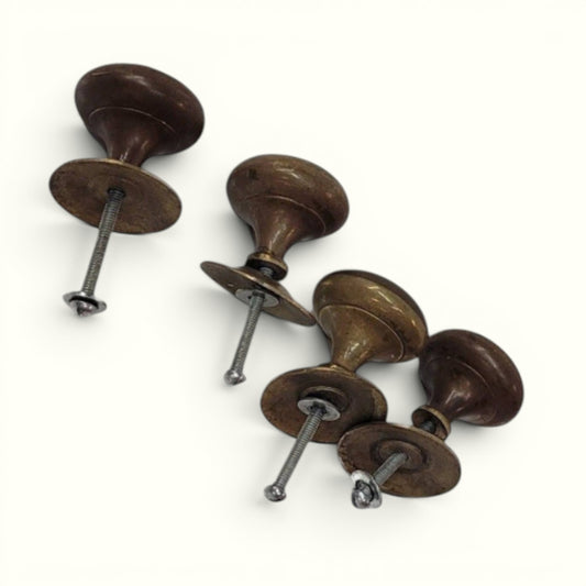 Antique Solid Brass Cabinet Pulls Knobs Set of 4 | Heavy 1” Hardware with Original Backplates Patina