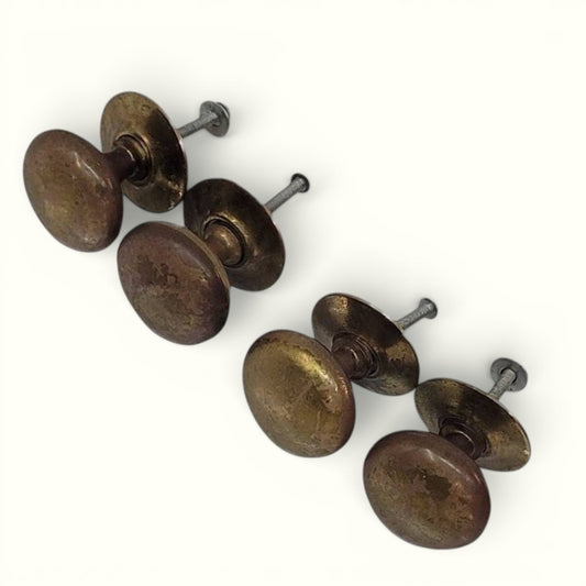 Antique Solid Brass Cabinet Pulls Knobs Set of 4 | Heavy 1” Hardware with Original Backplates Patina