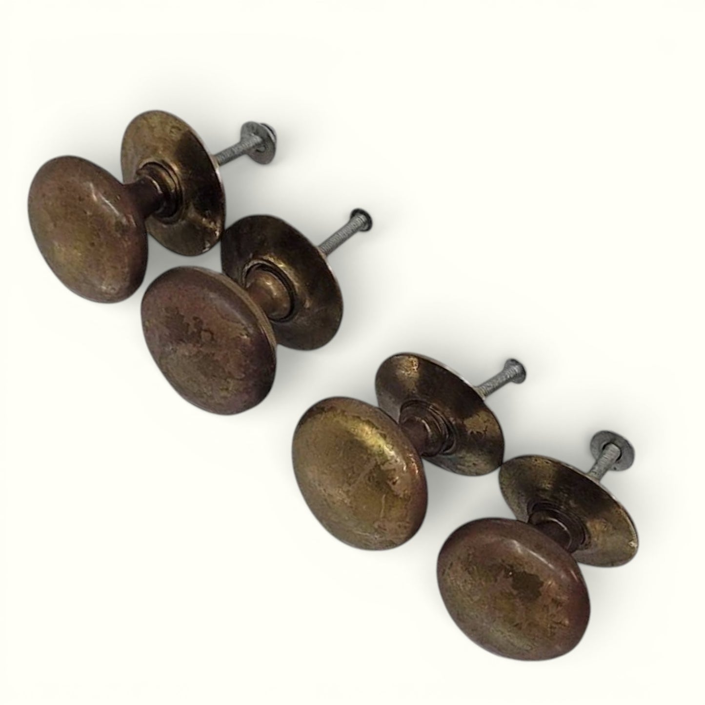 Antique Solid Brass Cabinet Pulls Knobs Set of 4 | Heavy 1” Hardware with Original Backplates Patina