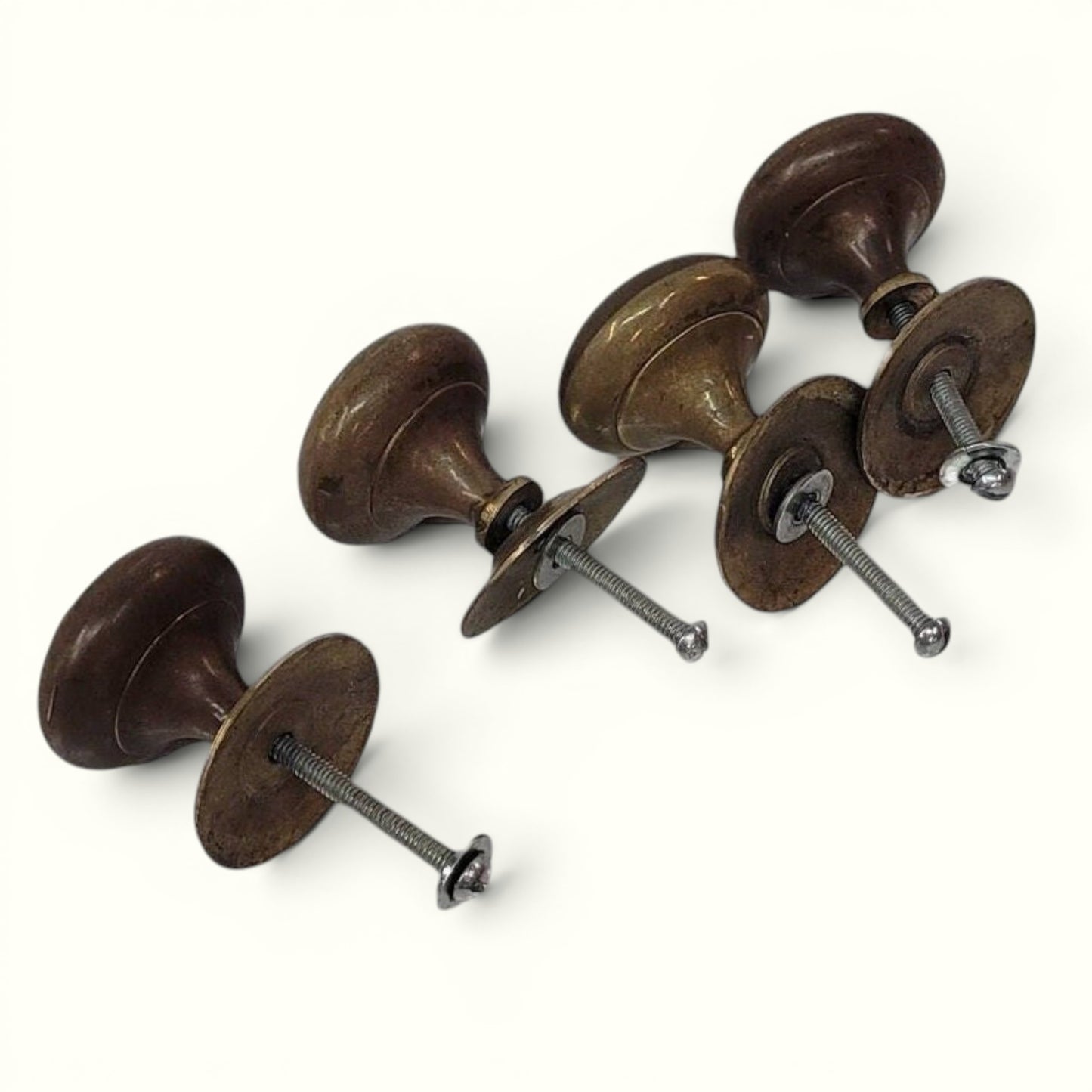 Antique Solid Brass Cabinet Pulls Knobs Set of 4 | Heavy 1” Hardware with Original Backplates Patina
