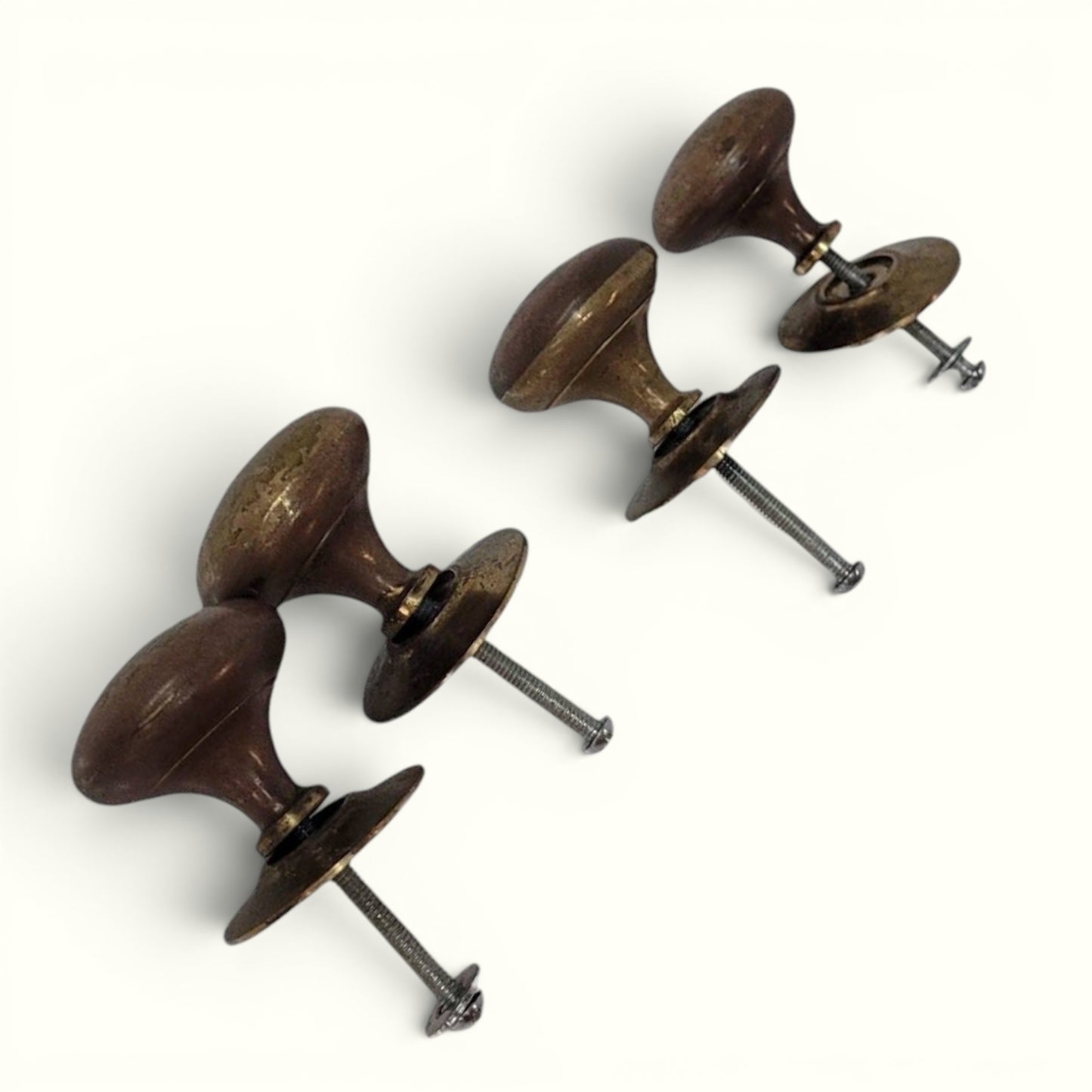 Antique Solid Brass Cabinet Pulls Knobs Set of 4 | Heavy 1” Hardware with Original Backplates Patina