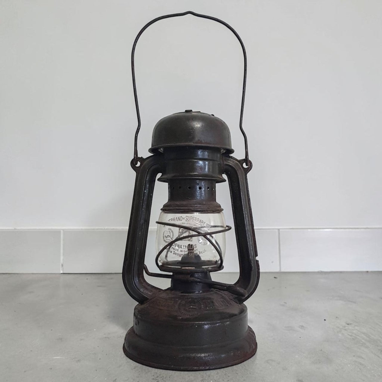 Antique German Feuerhand Super Baby 175 lantern with original Jena glass chimney.
