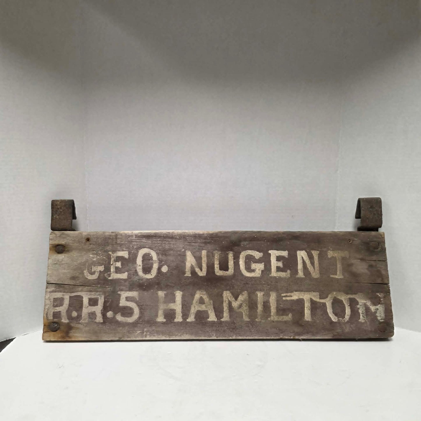 Over 100-year-old George Nugent RR5 Hamilton buggy plate, a unique piece of early Canadian rural history.