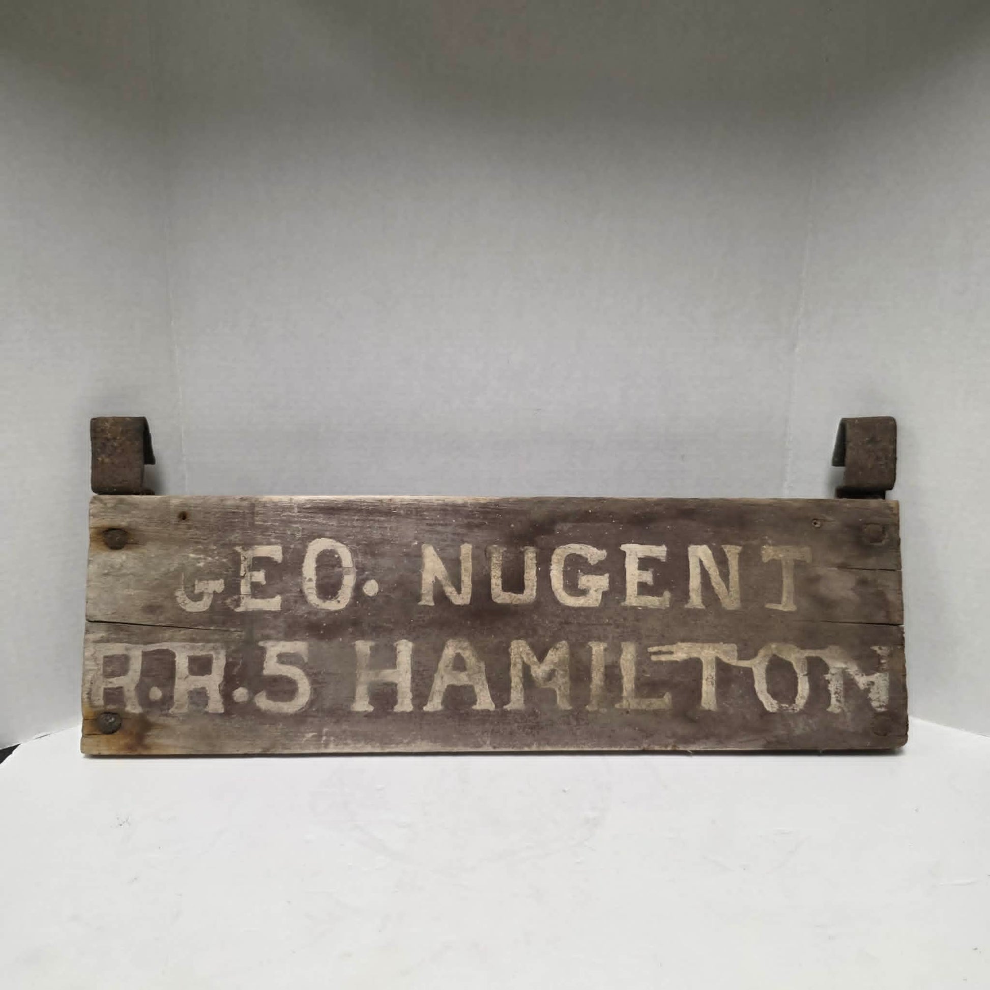 Over 100-year-old George Nugent RR5 Hamilton buggy plate, a unique piece of early Canadian rural history.