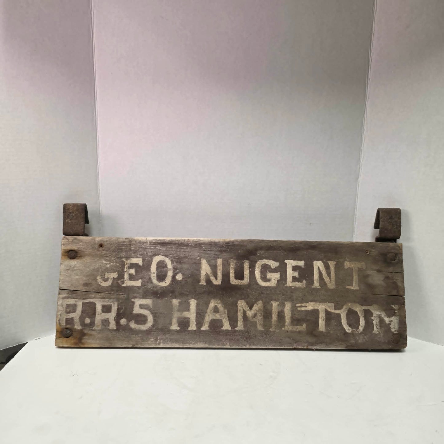 Over 100-year-old George Nugent RR5 Hamilton buggy plate, a unique piece of early Canadian rural history.