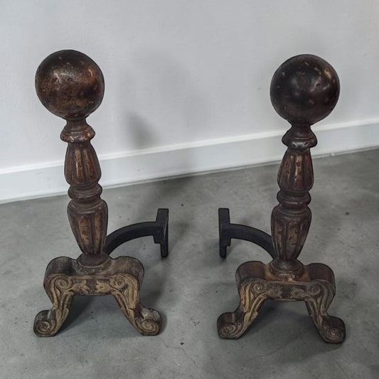 Pair of antique Arts and Crafts cast iron fireplace andirons.
