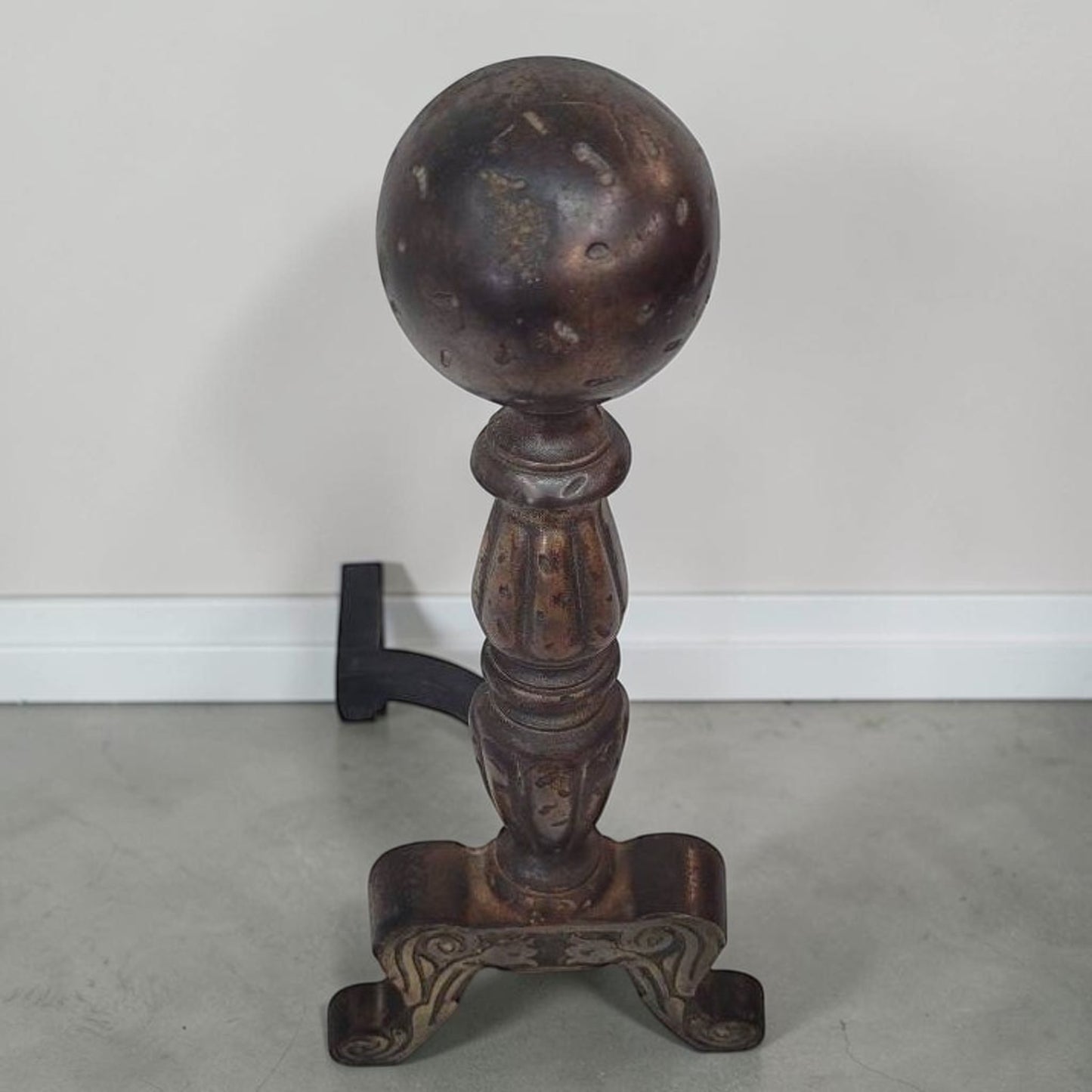 Pair of antique Arts and Crafts cast iron fireplace andirons.
