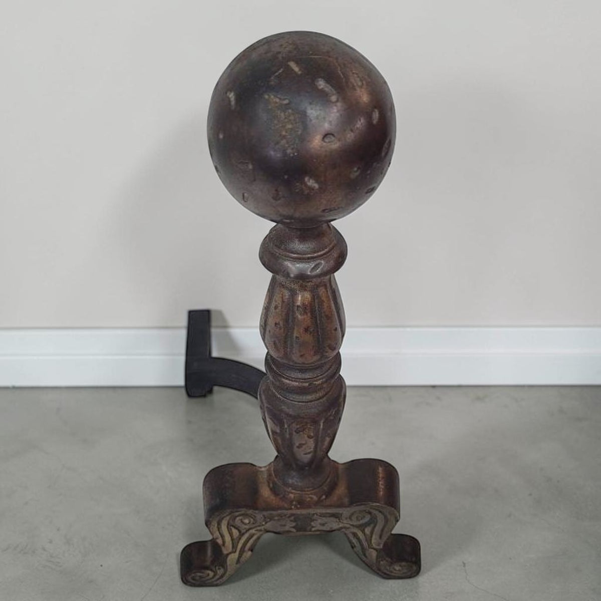 Pair of antique Arts and Crafts cast iron fireplace andirons.
