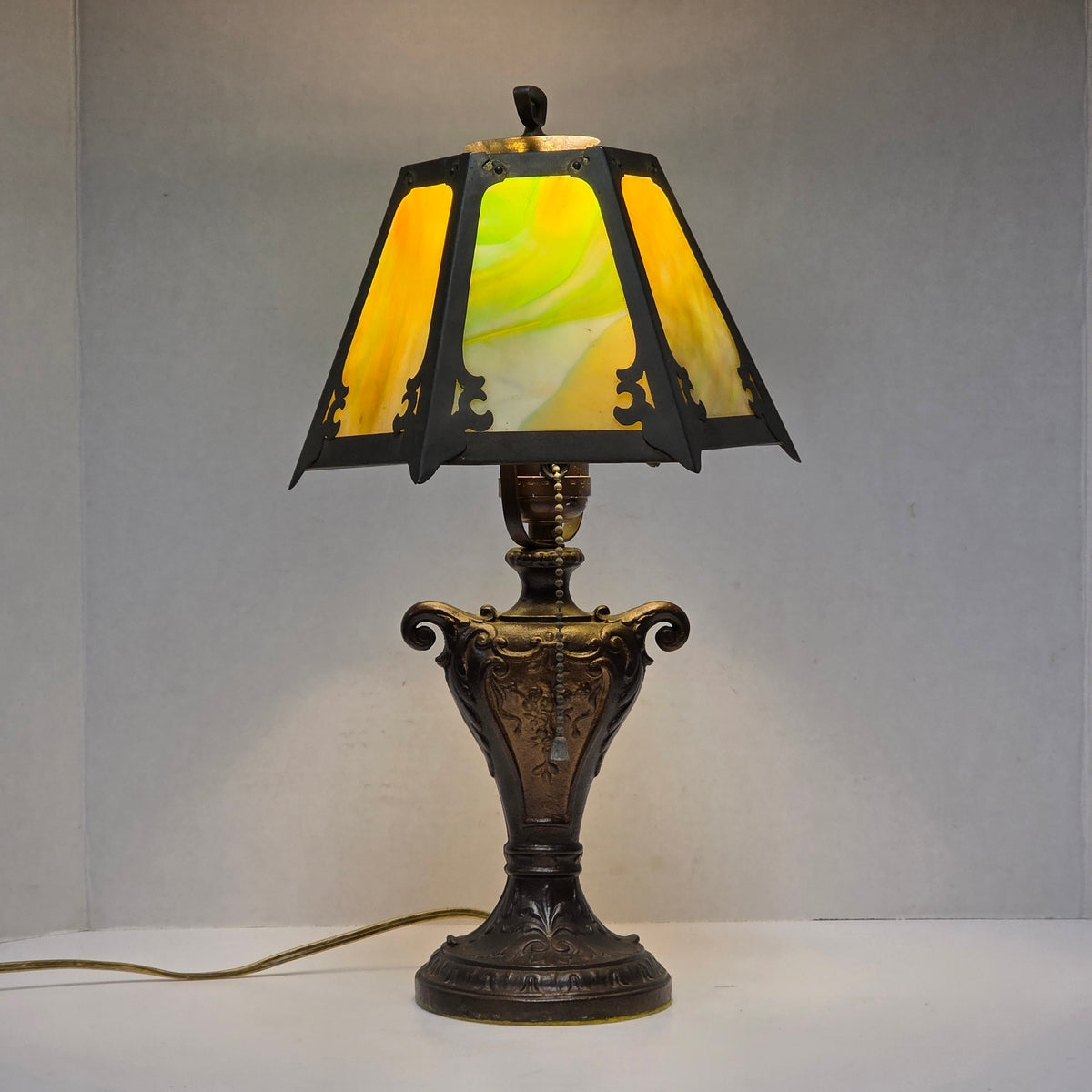 Circa 1910 Art Nouveau Arts and Crafts slag glass lamp with copper shade
