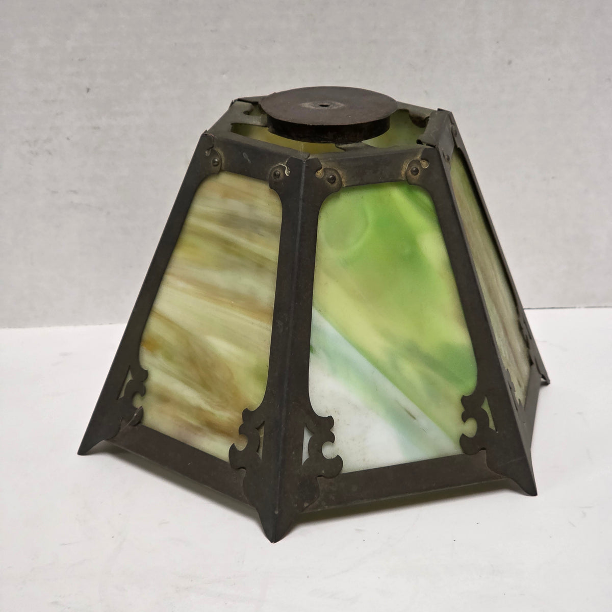 Circa 1910 Art Nouveau Arts and Crafts slag glass lamp with copper shade
