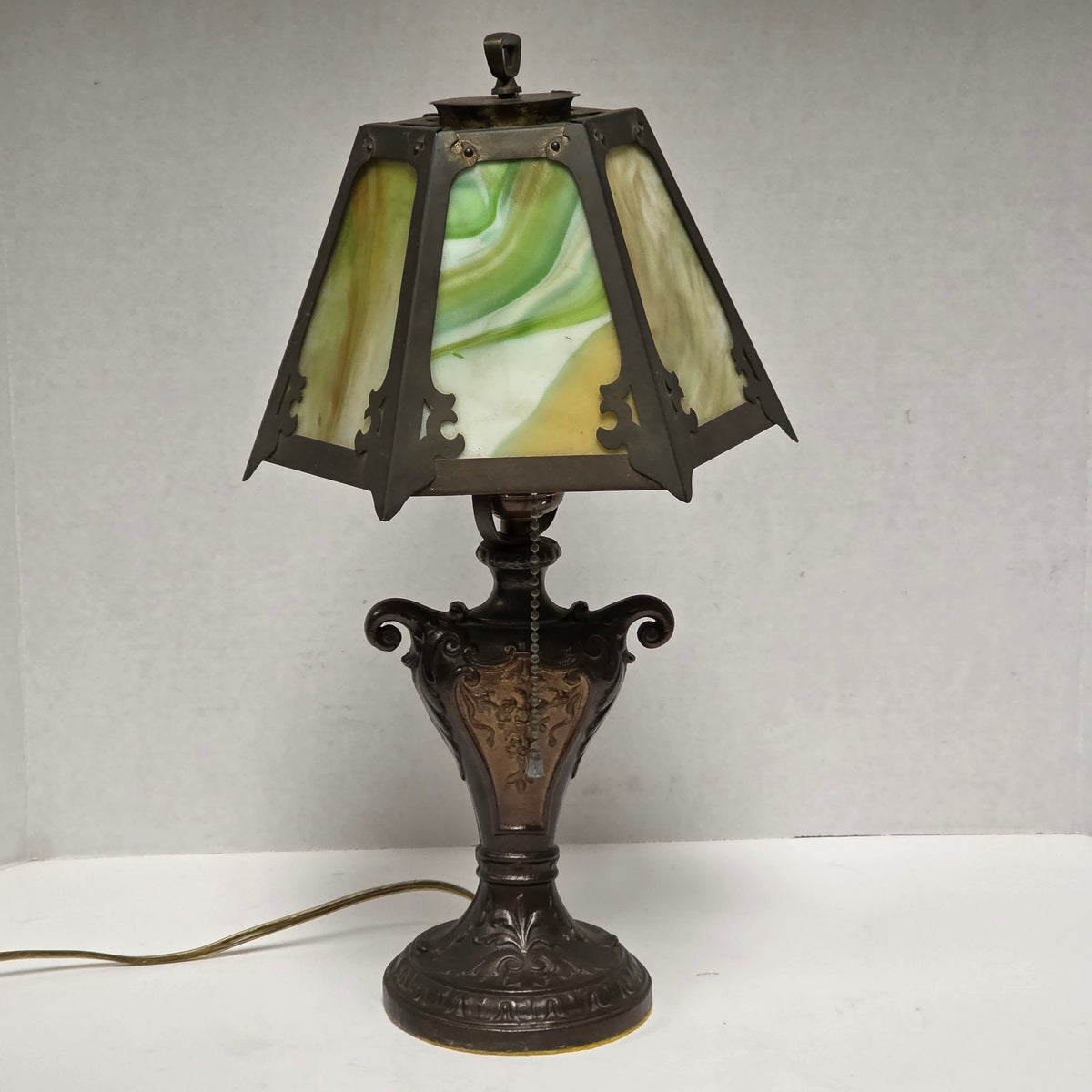 Circa 1910 Art Nouveau Arts and Crafts slag glass lamp with copper shade

